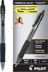 Pilot G2 Gel Pens, Black Ink, Retractable .7mm Fine Point, 12-pack