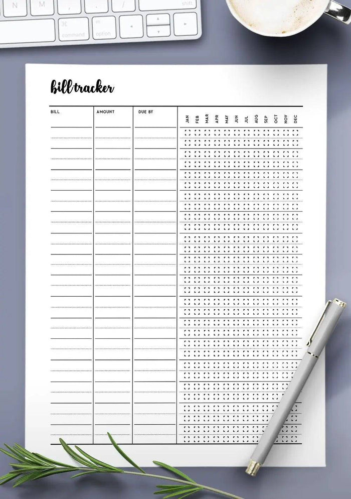 Bill Tracker, Digital, Printable, Includes bill name, amount, due date and month - Prime Office Products -