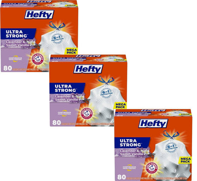 Hefty Ultra Strong Tall Kitchen Trash Bags, Lavender & Sweet Vanilla Scent, 13 Gallon - Prime Office Products - 13 Gallon - 80 count - 3 pack (240 total)