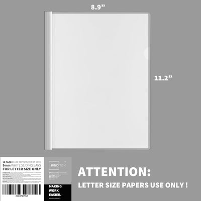 Binditek Clear Report Covers, 9mm Sliding Bar, 40 Sheet, Letter Size - 12-pack