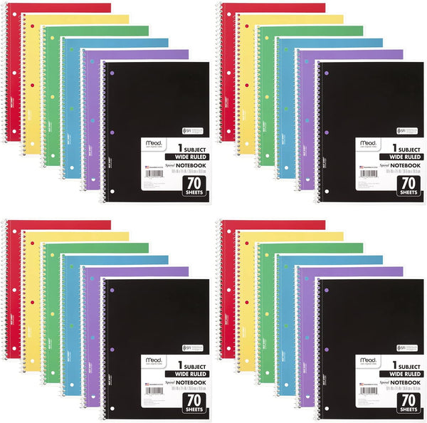 Mead Spiral Notebook, 24 Pack, 1-Subject 70 Sheets, Wide Ruled Paper, Assorted Colors