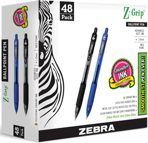 ZEBRA Z-Grip, black & blue ink pens, Retractable ballpoint, Medium point 1.0 mm, 48-pack