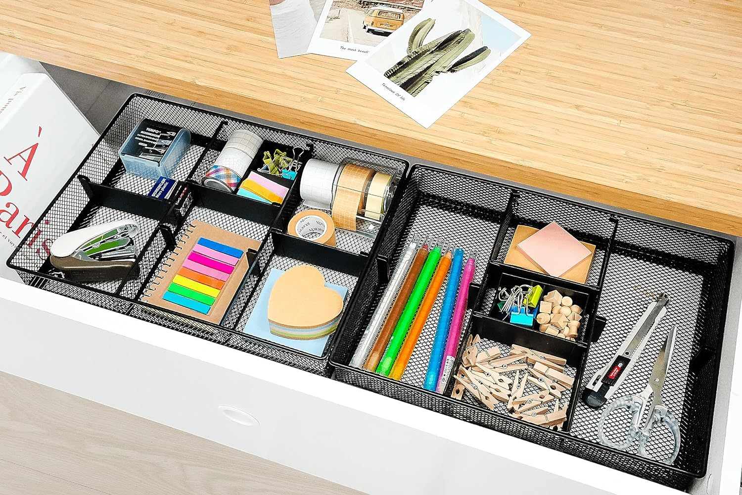 Black Mesh 3 Slot Desk Drawer Organizer with Four Adjustable Dividers