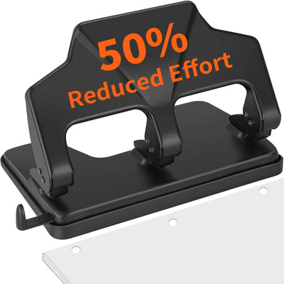 AFMAT Heavy Duty Reduced Effort, 40-Sheet 3-Hole, 3-Ring Metal Paper Punch with Chip Tray - Prime Office Products - Black