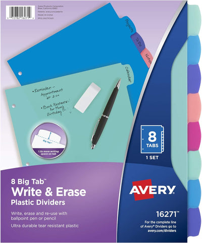 Avery Big Tab Durable Dividers for 3 Ring Binders, with 8 multicolor tabs, Pastel Brights - Prime Office Products -