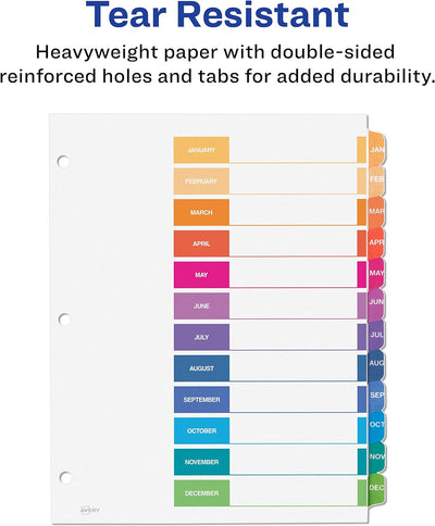 Avery Jan-Dec 12 Tab Dividers for 3 Ring Binders, Customizable Table of Contents, Multicolor Tabs, 6 Sets - Prime Office Products -