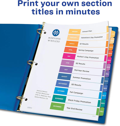 Avery Jan-Dec 12 Tab Dividers for 3 Ring Binders, Customizable Table of Contents, Multicolor Tabs, 6 Sets - Prime Office Products -