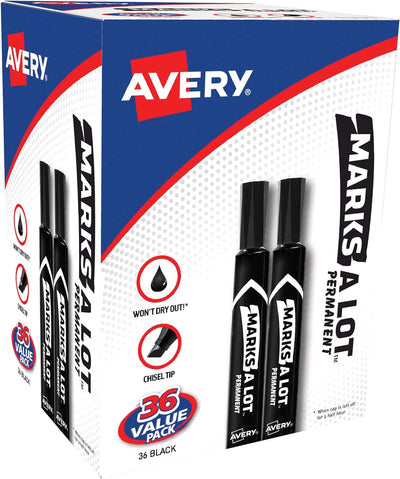 Avery Marks-A-Lot Large Desk-Style Black Permanent Markers, Chisel Tip, Value Pack - Prime Office Products - 36-Pack