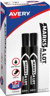 Avery Marks-A-Lot Large Desk-Style Black Permanent Markers, Chisel Tip, Value Pack - Prime Office Products - 12-Pack