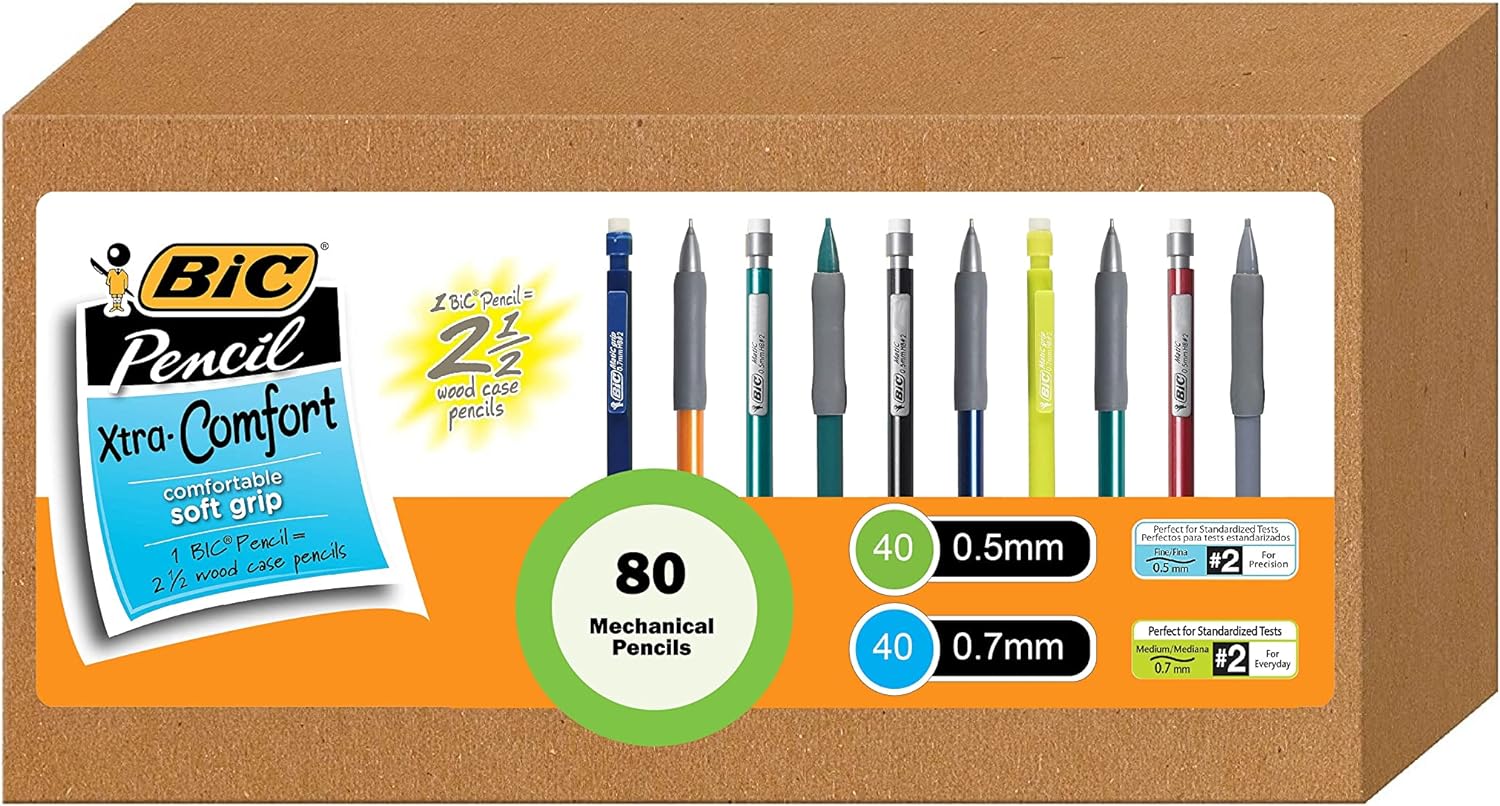 bic-mechanical-pencil-2-xtra-comfort-pencils-with-grip-variety-bulk-pack-of-80-40-0-5mm-and-0-7mm-led-assorted-colored-barrels-ast-2