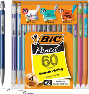 BIC Mechanical Pencil Variety Pack, #2 with eraser, 0.5mm, 0.7mm, 0.9mm, Refillable, 60-Count - Prime Office Products -