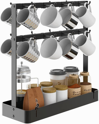 Countertop Coffee Cup Holder with Movable Hooks for 16 Mugs, 2-Tier Rack with Storage Base - Prime Office Products -