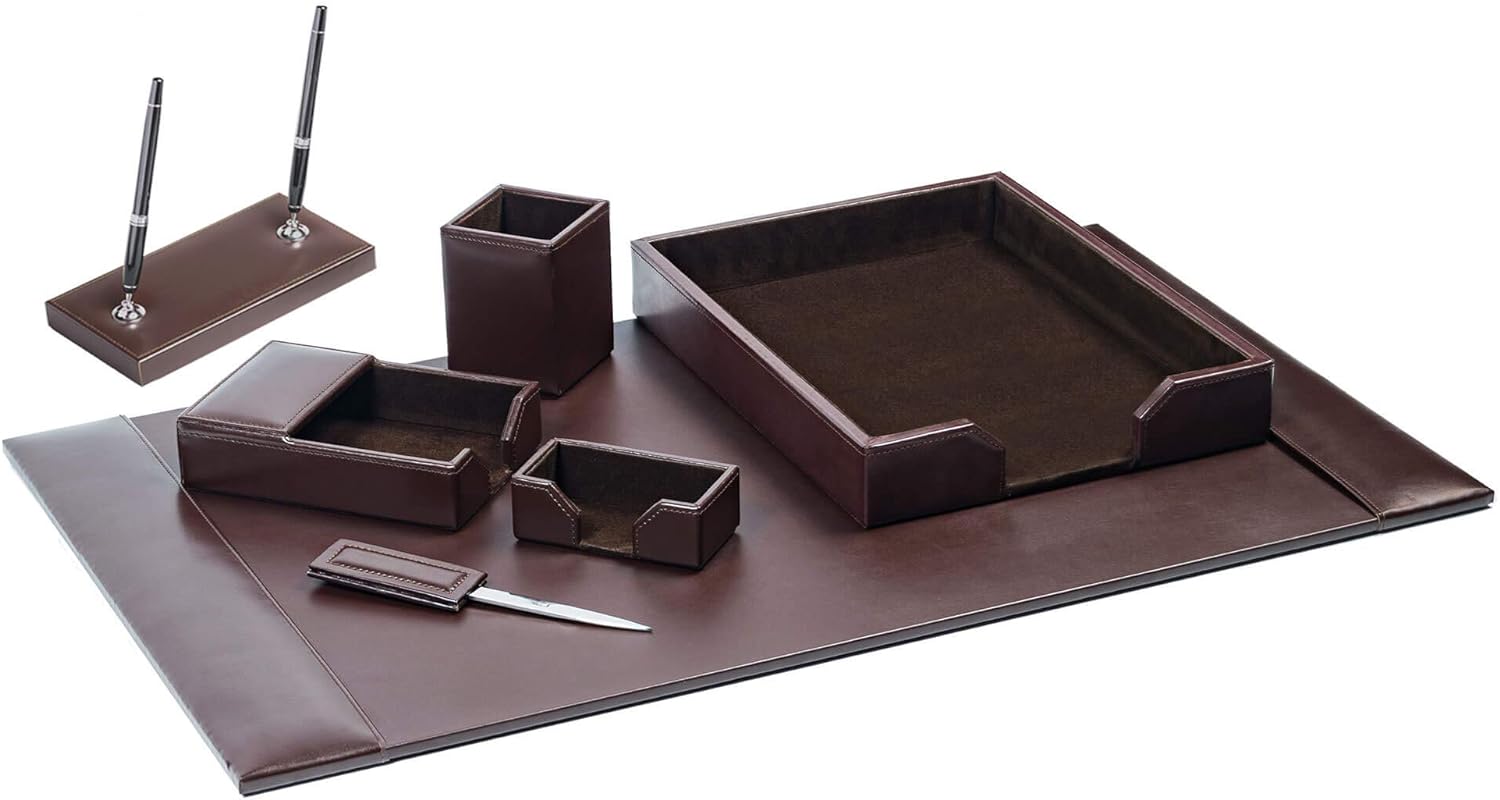 Dacasso Luxury Leather Desk Pad & Organization Essentials Set - Prime Office Products - Dark Brown