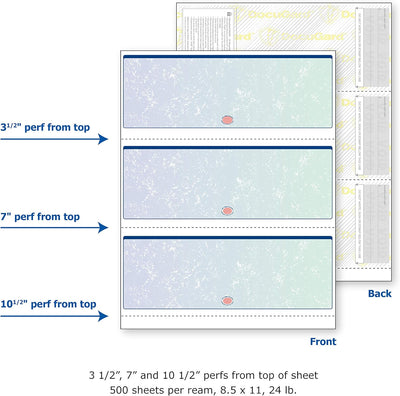 Docugard Blue/Green Premier Prismatic Blank Laser Printer Check Paper, 3 per page, 8 1/2 X 11, 500 Sheets - Prime Office Products -