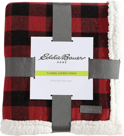 Eddie Bauer Reversible Sherpa Fleece Blanket, Buffalo Plaid, Checker Flannel Throw for Gifting - Prime Office Products - Red/Black