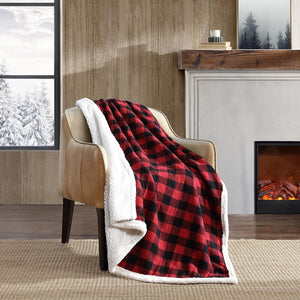 Eddie Bauer Reversible Sherpa Fleece Blanket, Buffalo Plaid, Checker Flannel Throw for Gifting - Prime Office Products - Red/Black