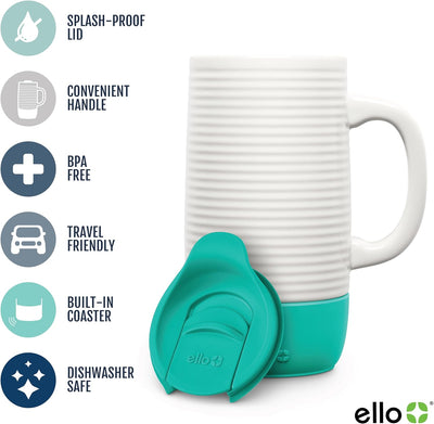 Ello Jane Ceramic 18 oz Travel Mug with Splash-Resistant Lid and Built-in Coaster - Prime Office Products -