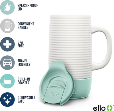 Ello Jane Ceramic 18 oz Travel Mug with Splash-Resistant Lid and Built-in Coaster - Prime Office Products -