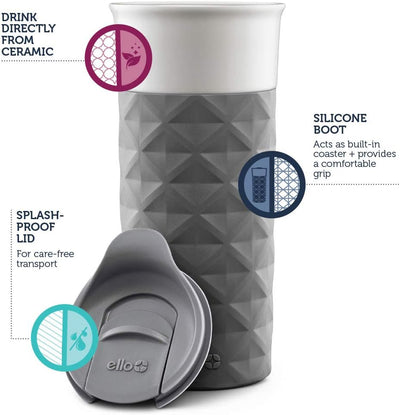 Ello Ogden Ceramic 16 oz Travel Mug with Splash-Resistant Slider Lid and Protective Sleeve - Prime Office Products - Gray