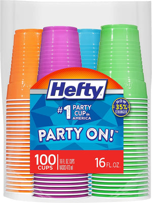 Hefty Party On Disposable Plastic Cups, Assorted, 16 Ounce, 100 Count - Prime Office Products -