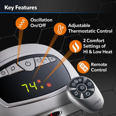 Lasko Oscillating Digital Ceramic Tower Heater with Thermostat, Timer and Remote Control - Prime Office Products -