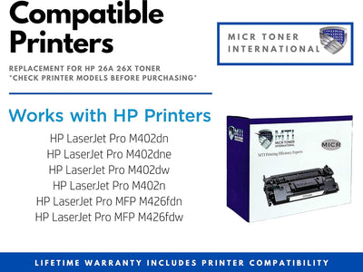 MTI 26A MICR Compatible Toner Cartridge for HP CF226A LaserJet M402 M426fdn - Prime Office Products -