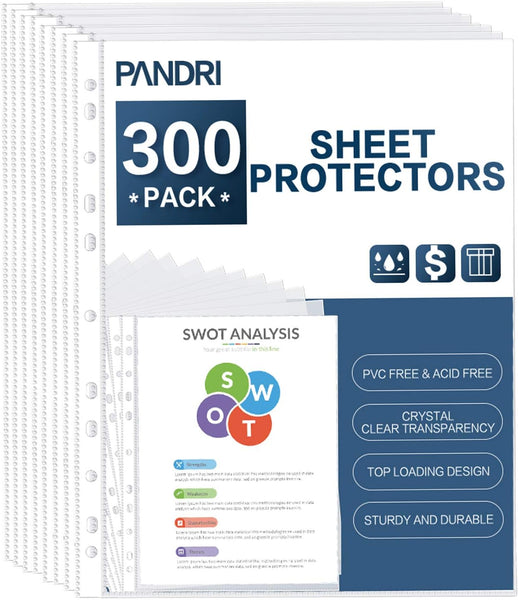 PANDRI Sheet Protector, Clear Heavy Duty Plastic Page Protectors, Reinforced for 3 Ring Binders - Prime Office Products - 300 PACK