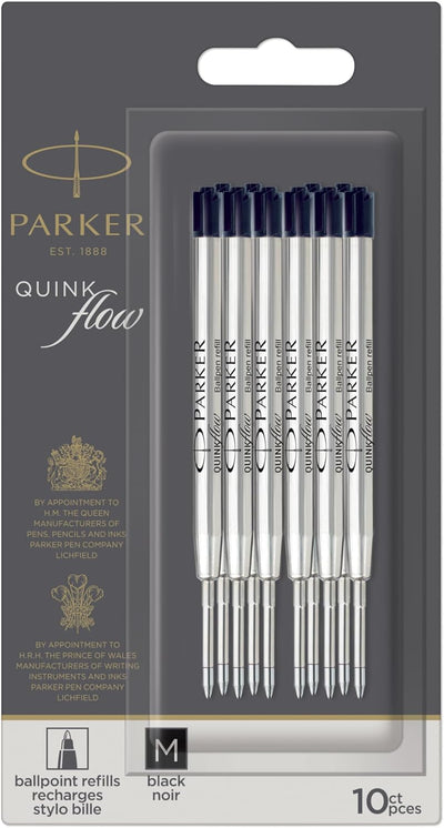 Parker Ballpoint Pen Refills, Medium Point, Black, with QUINKflow Ink - Prime Office Products - Pack of 10