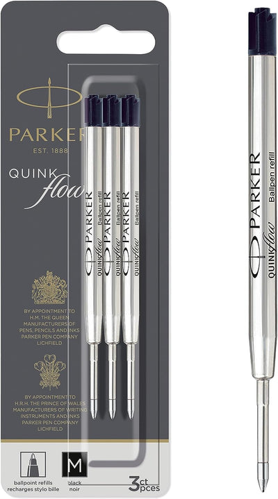 Parker Ballpoint Pen Refills, Medium Point, Black, with QUINKflow Ink - Prime Office Products - Pack of 3