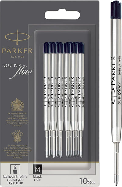 Parker Ballpoint Pen Refills, Medium Point, Black, with QUINKflow Ink - Prime Office Products - Pack of 6