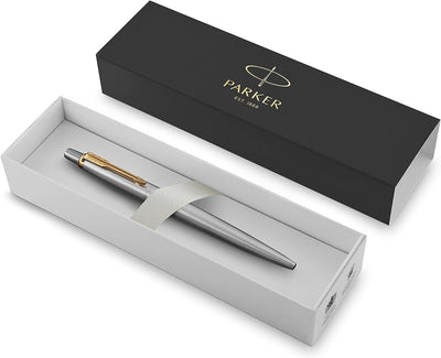 Parker Jotter Ballpoint Pen, Stainless Steel with Chrome Trim, Medium Point Blue Ink, Gift Box - Prime Office Products - Stainless Steel with Gold Trim