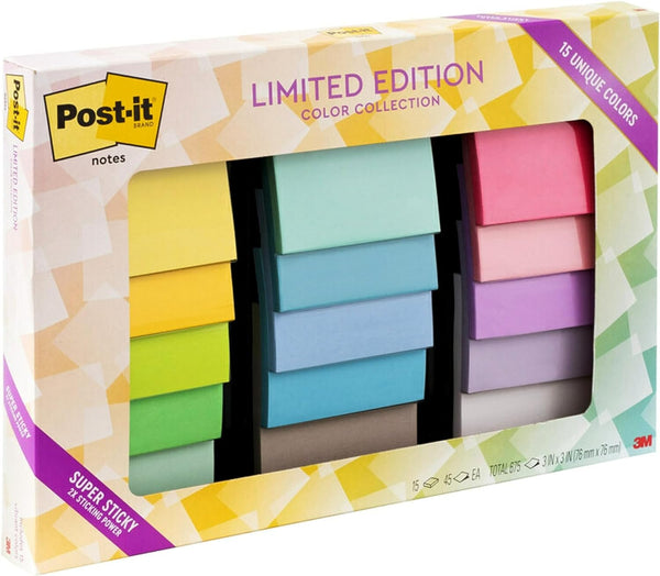 Post-it Super Sticky Notes, Limited Edition Collection, 3x3 in, 15 Pads/Pack - Prime Office Products -