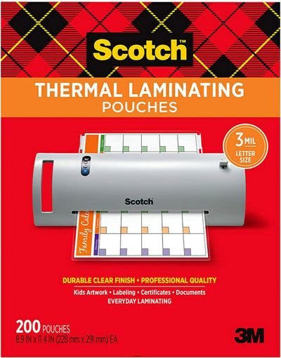 Scotch Thermal Laminator, Laminating Machine, 9 in wide with 20 pouches - Prime Office Products - 200 Laminating Pouches 3 mil