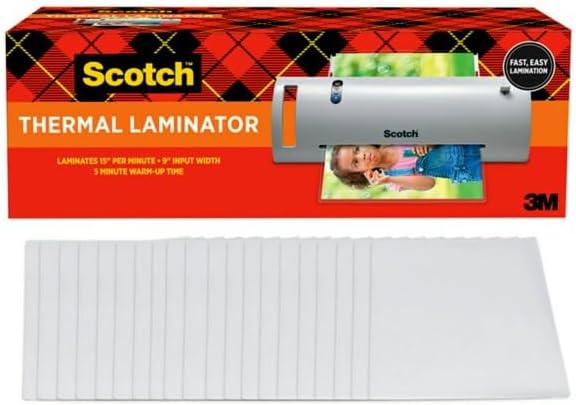 Scotch Thermal Laminator, Laminating Machine, 9 in wide with 20 pouches - Prime Office Products - Laminator with 20 Pouches