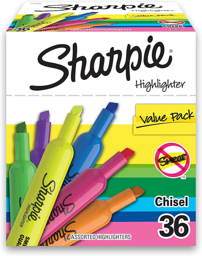 SHARPIE Tank Highlighters, Chisel Tip, Assorted Colors, Value Pack, 36-Count - Prime Office Products - 36 Count Assorted; 6 Different Colors