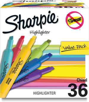 SHARPIE Tank Highlighters, Chisel Tip, Assorted Colors, Value Pack, 36-Count - Prime Office Products - 36 Count Assorted; 12 Different Colors