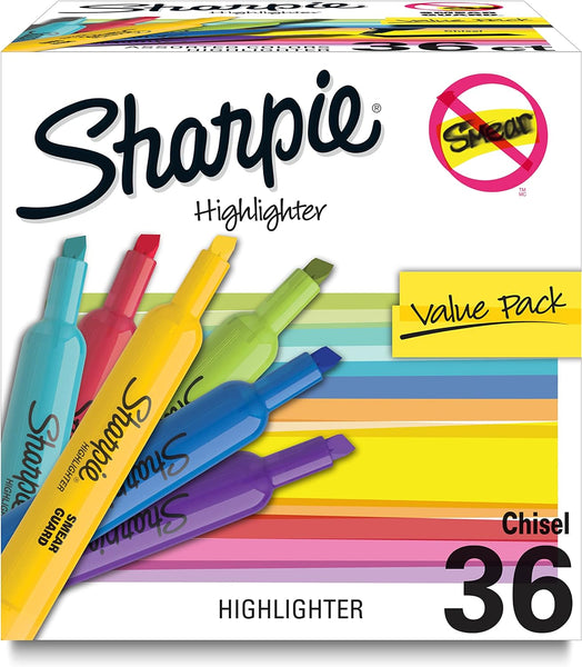 SHARPIE Tank Highlighters, Chisel Tip, Assorted Colors, Value Pack, 36-Count - Prime Office Products - 36 Count Assorted; 12 Different Colors