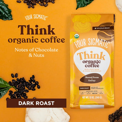 Think Organic Whole Bean Dark Roast Fair Trade Coffee Beans with Lion's Mane & Chaga Mushrooms, 12 oz - Prime Office Products -