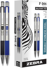 Zebra F-301 Retractable Ballpoint Pen, Stainless Steel Barrel, 0.7mm Fine Point, Black/Blue Ink, 12-count - Prime Office Products - 12 Count Blue/Black