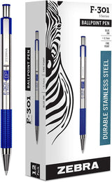 Zebra F-301 Retractable Ballpoint Pen, Stainless Steel Barrel, 0.7mm Fine Point, Black/Blue Ink, 12-count - Prime Office Products - 12 Count Blue